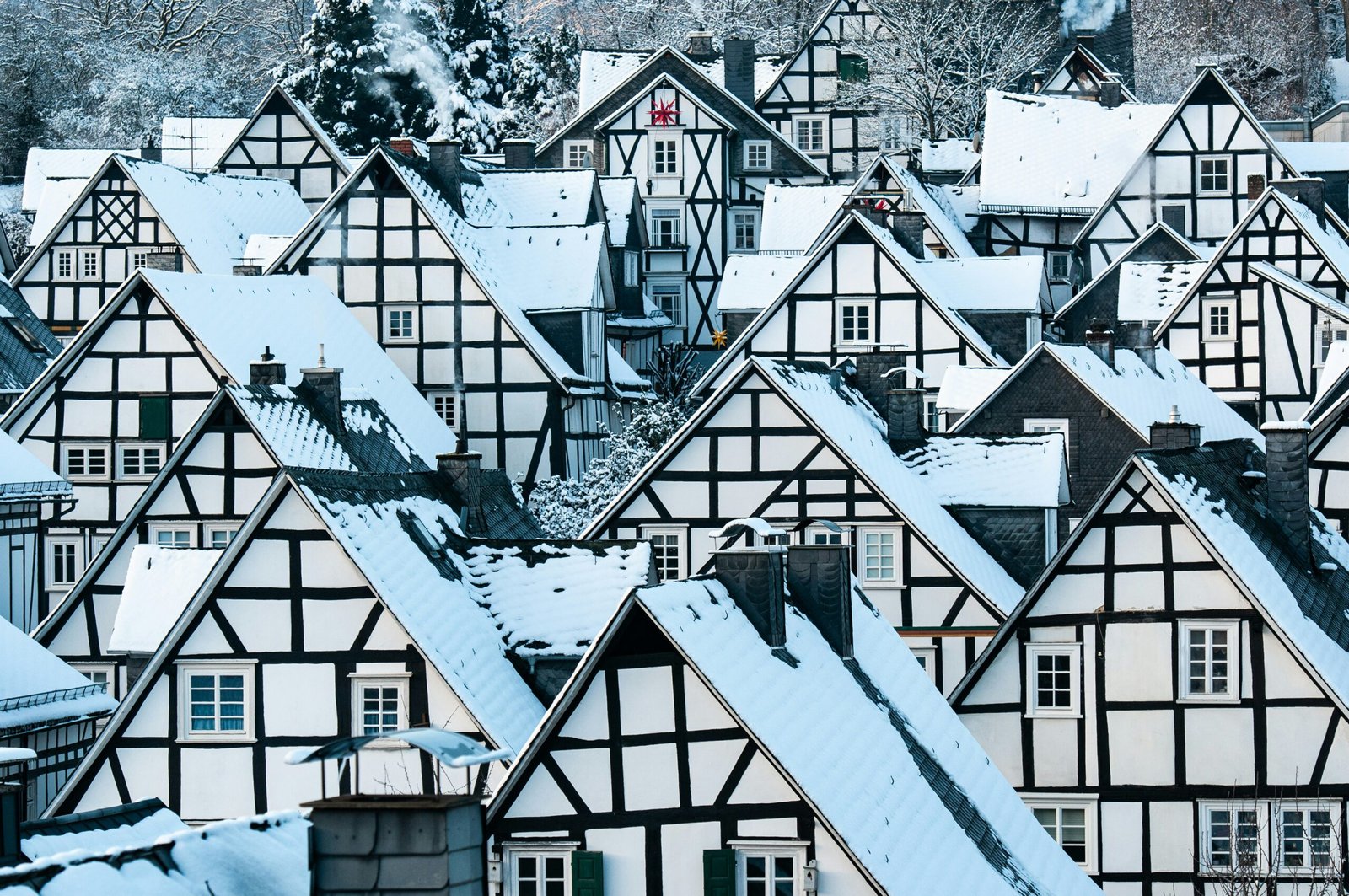 a large group of houses covered in snow